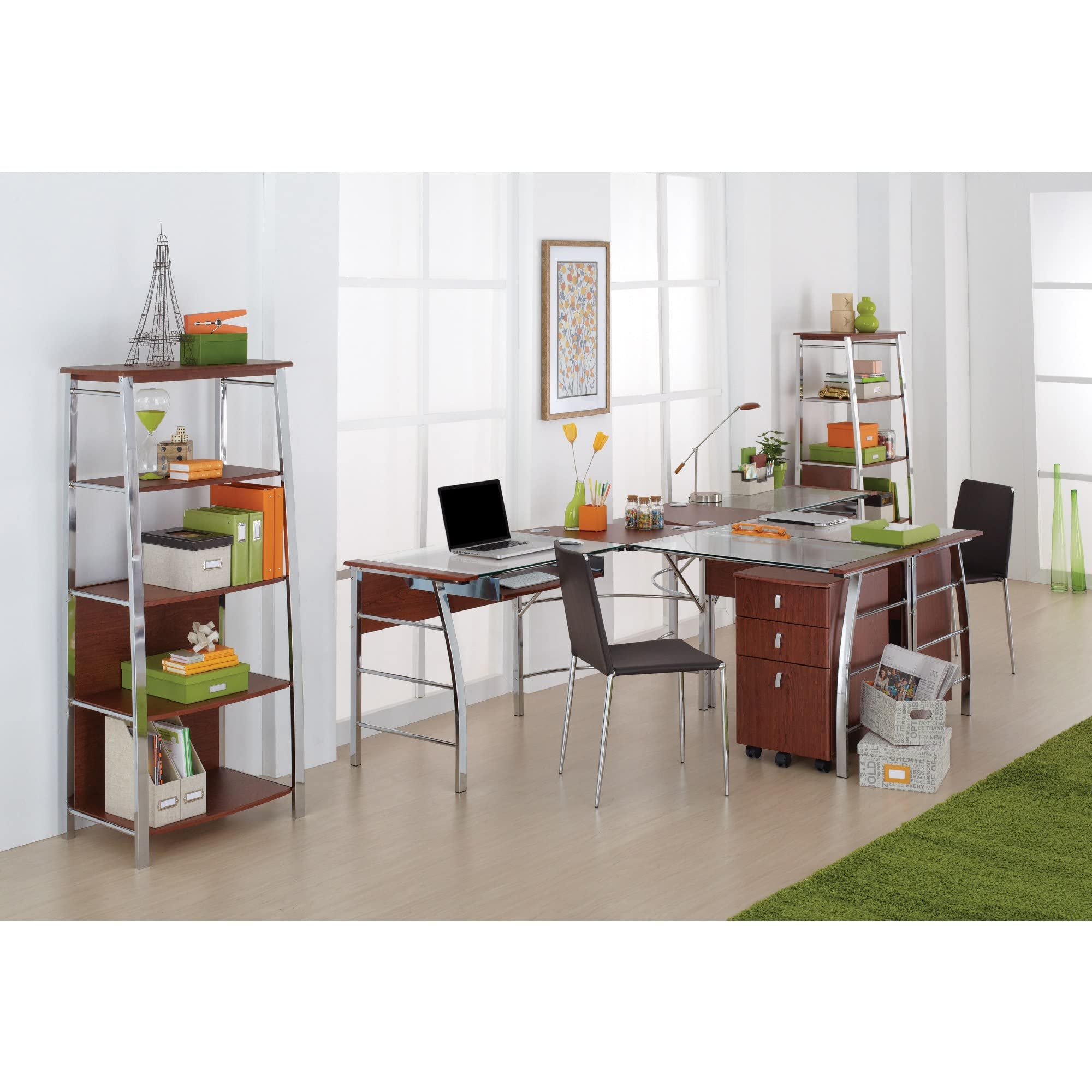 Mezza 62"W L-Shaped Corner Desk, Cherry/Chrome
