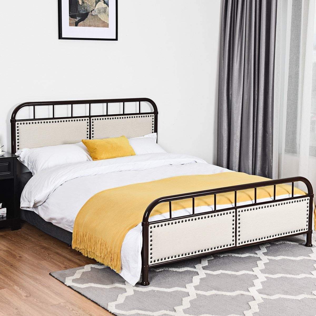Queen Size Metal Bed Frame, Vintage Metal Platform Bed with Button Tufted Headboard