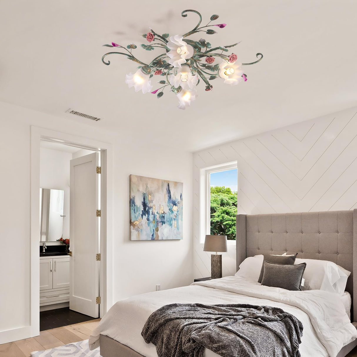 5-Light Ceramic Rose Ceiling Light with Glass Lampshade