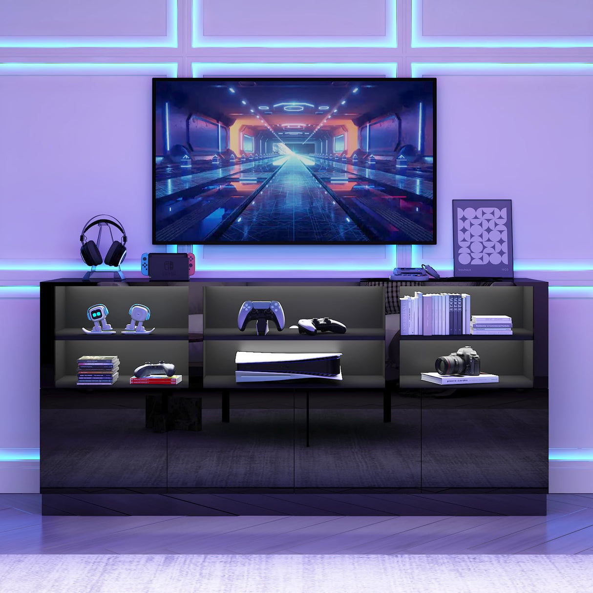 Black TV Stand for 65/75/80/85 Inch TVs with RGB LED Lights