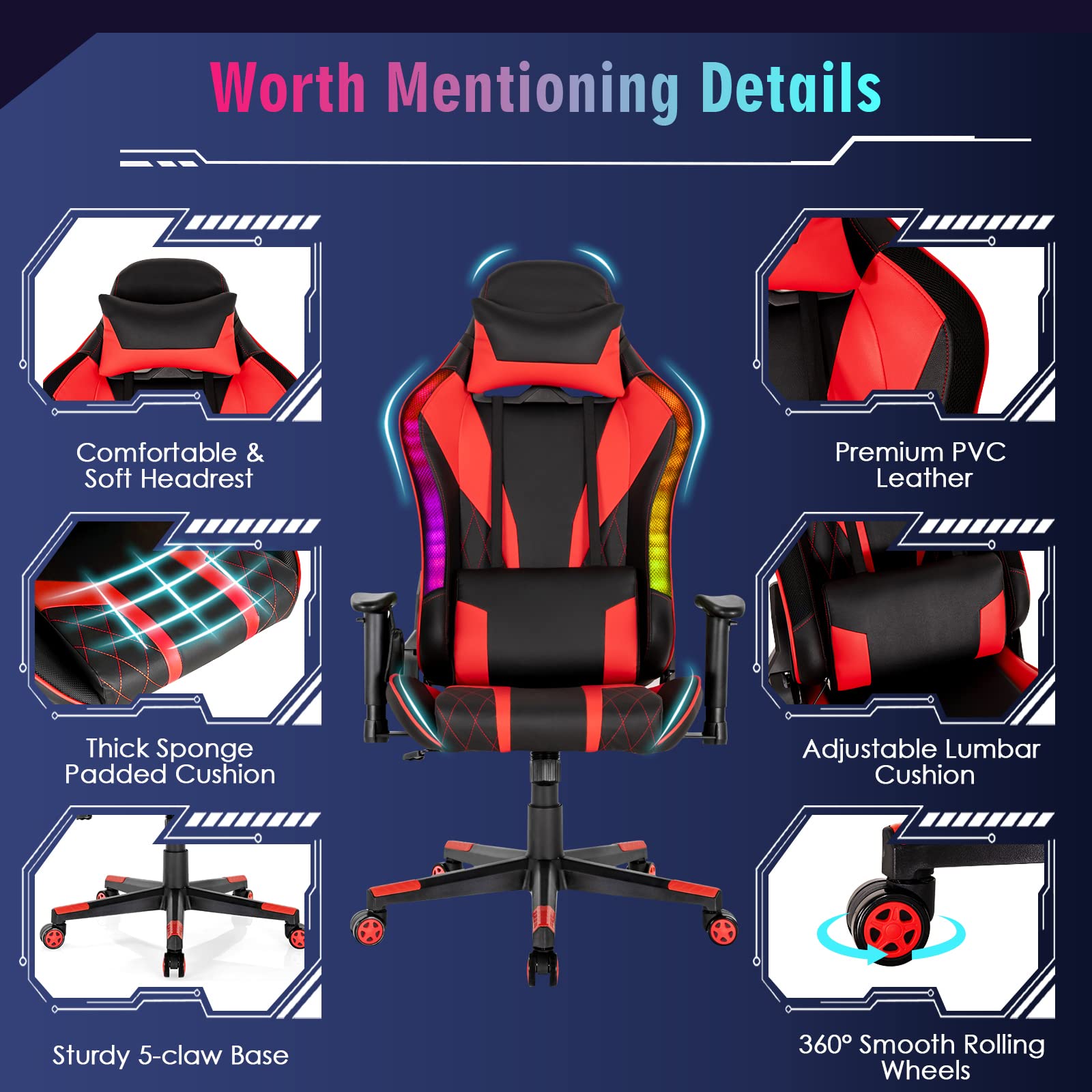 RGB LED Gaming Chair - Ergonomic High Back PVC Leather E-Sport Computer Chair with Lumbar Support