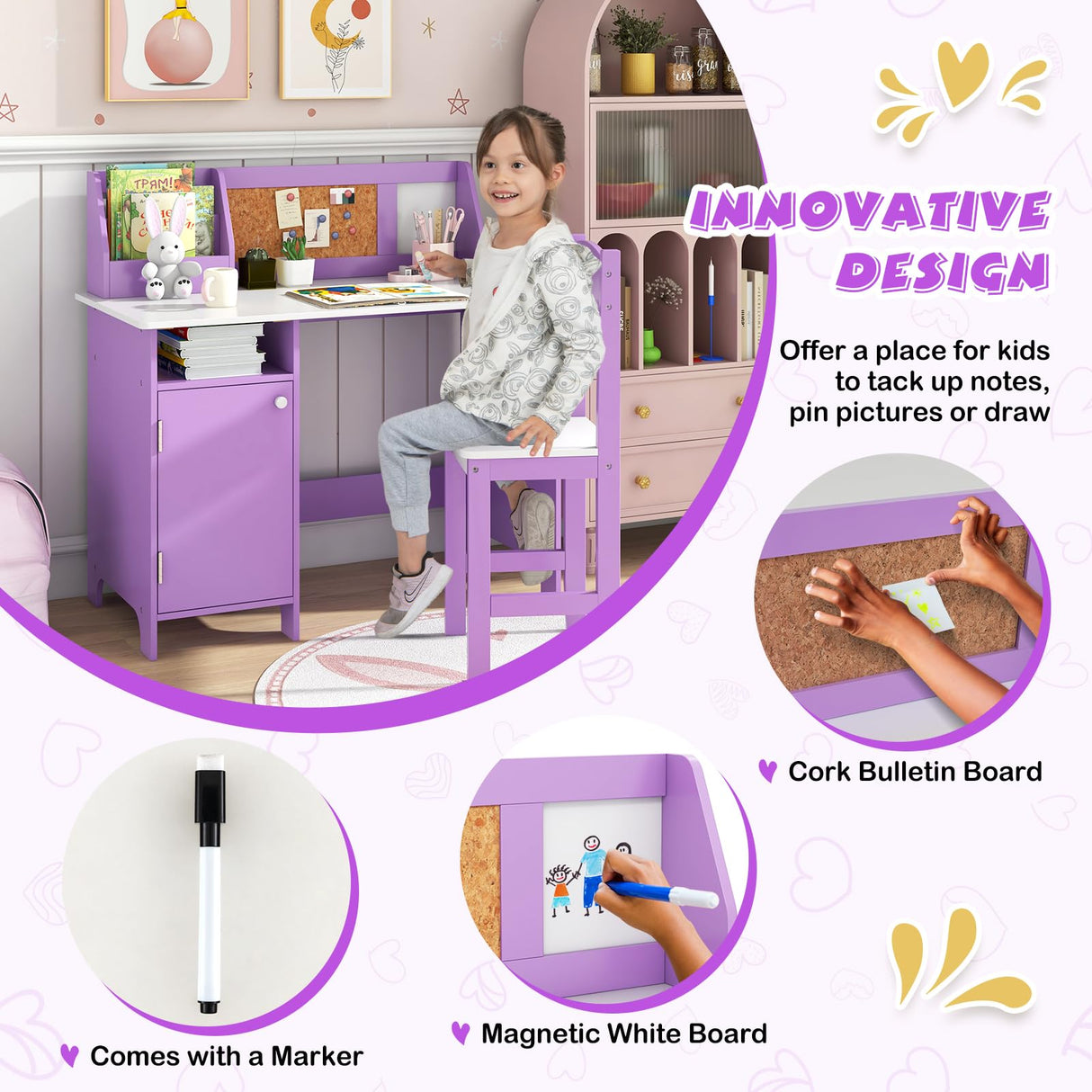 Kids Desk and Chair Set, Wooden Children Study Table with Storage, Hutch