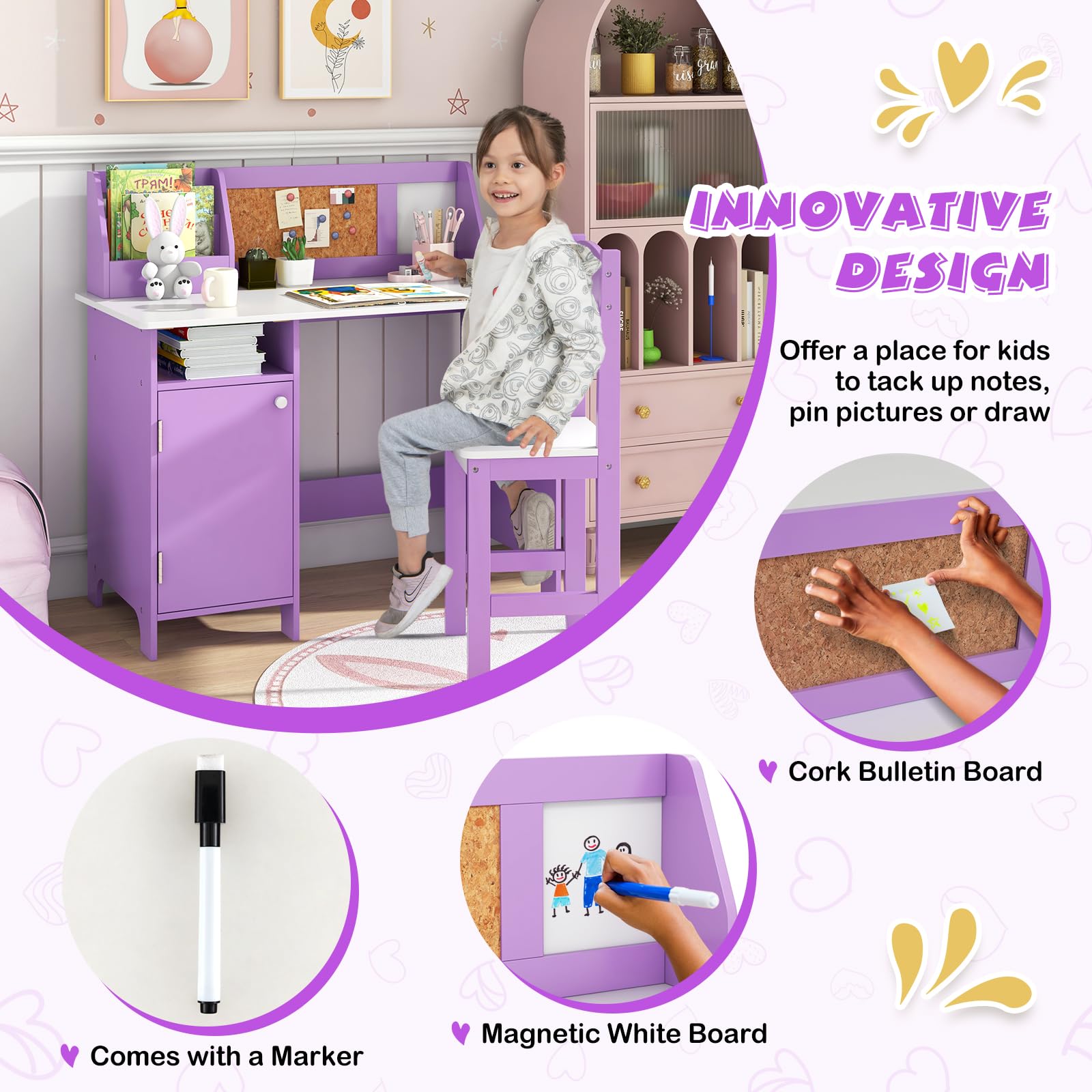 Kids Desk and Chair Set, Wooden Children Study Table with Storage, Hutch