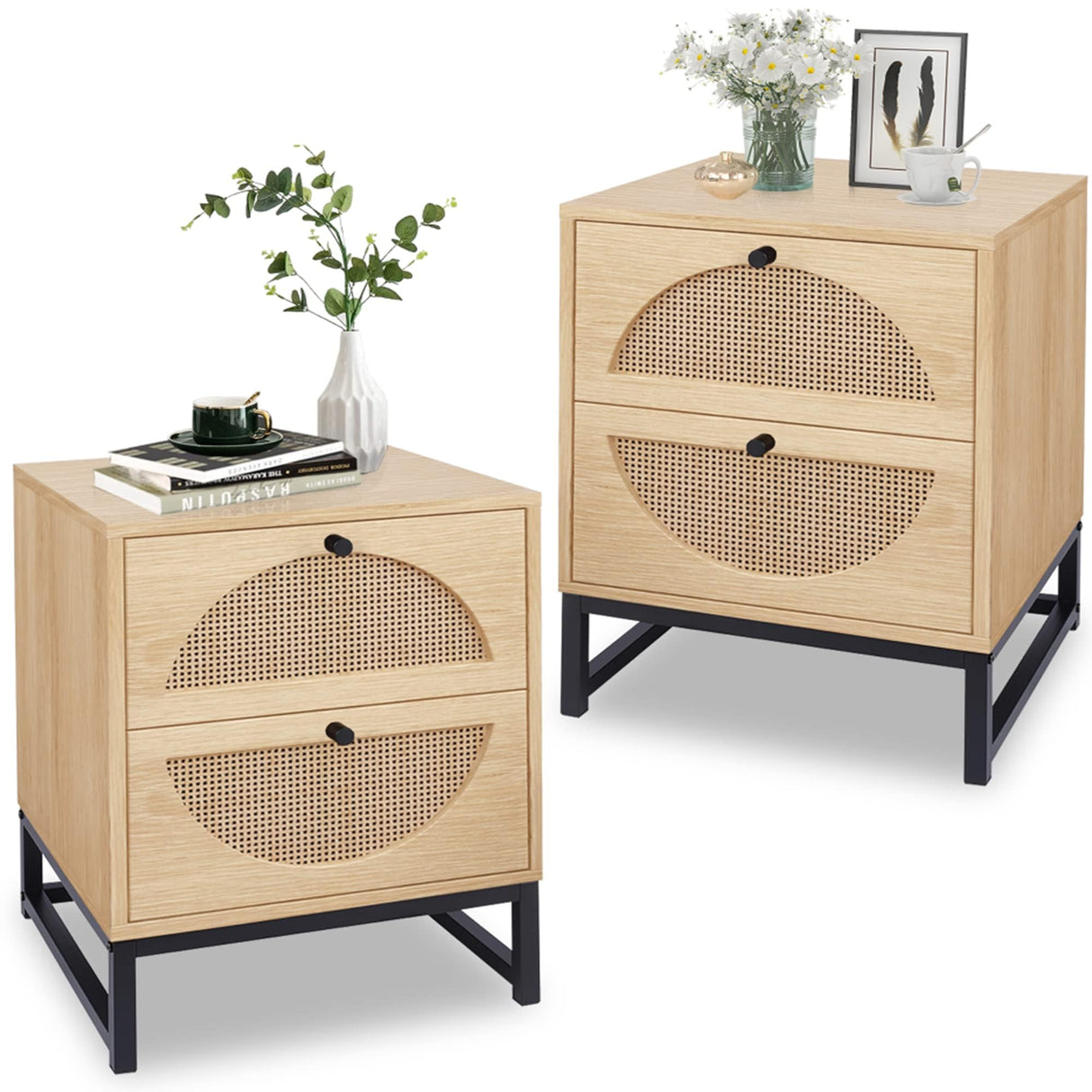 Rattan Nightstand Set of 2,Wood Bedside Table Set of 2 with 2 Drawers