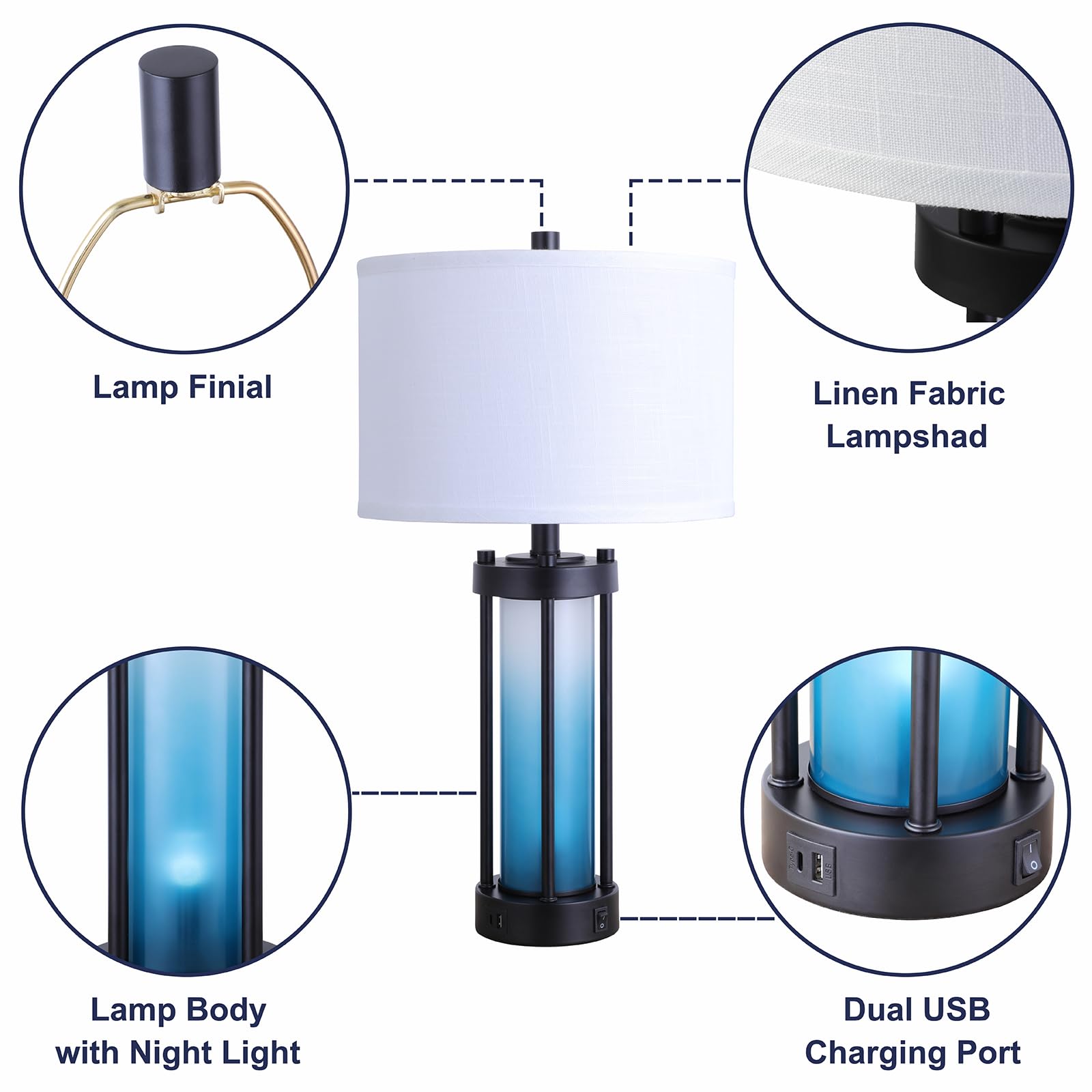 Modern Table Lamps Set of 2, with Night Light Gradient Blue Glass Bedside Table Lamp