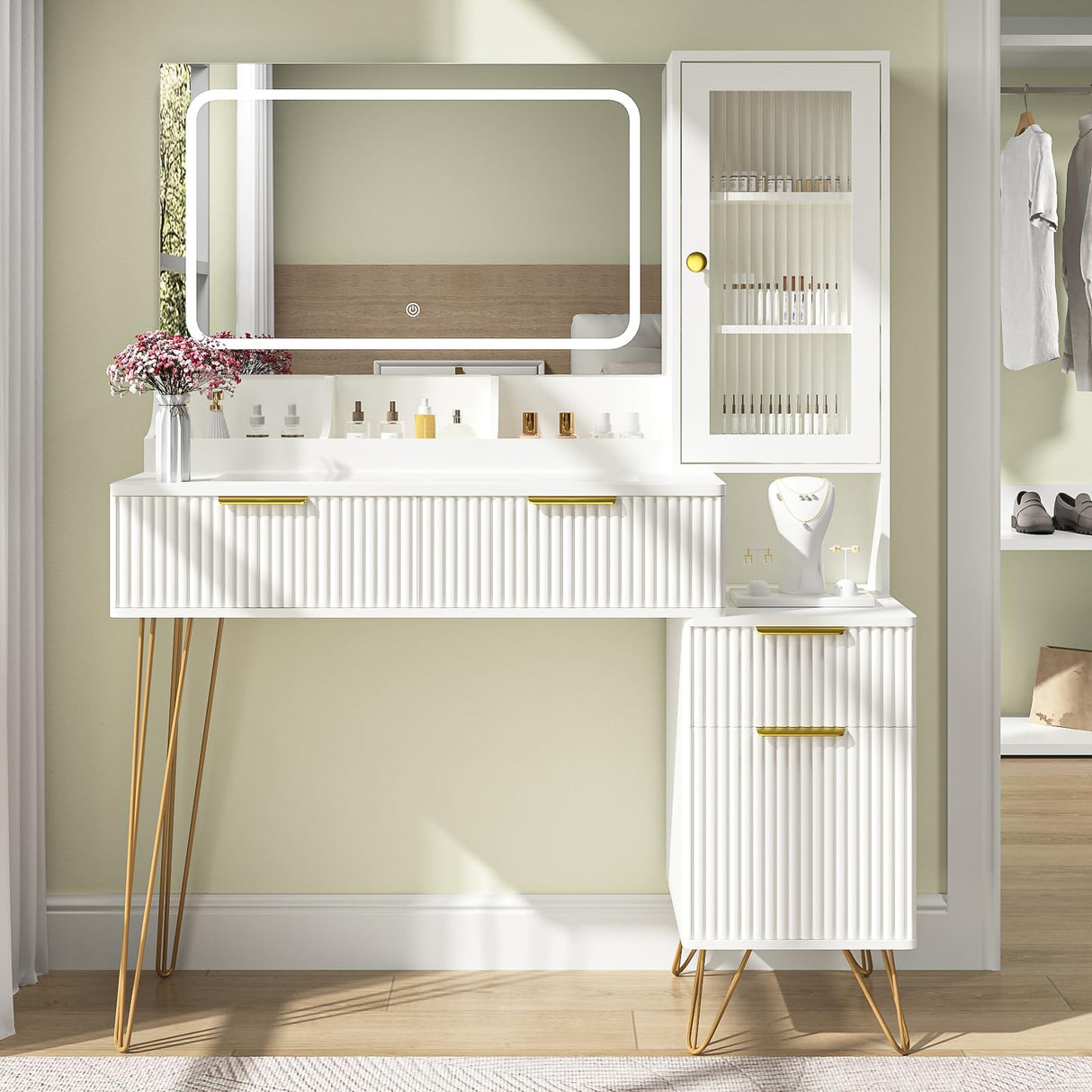 Vanity Desk with Mirror and Lights, Makeup Vanity Desk with Glass Top