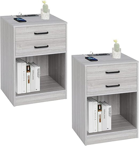 Nightstands Set of 2,Grey Nightstand with Charging Station & Drawers