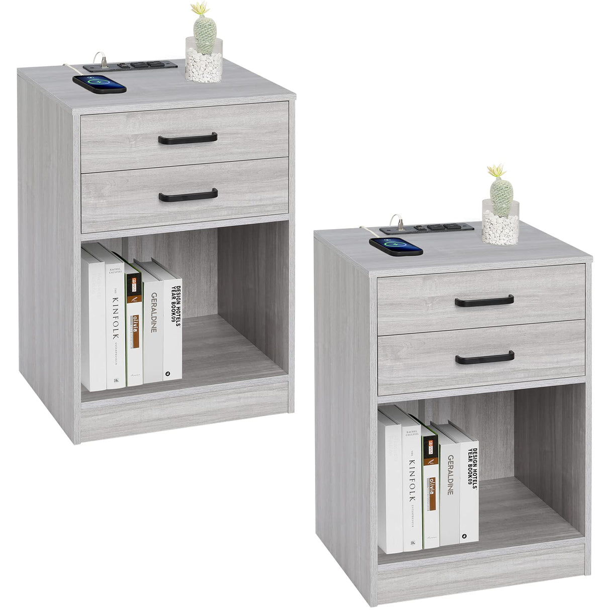 Nightstands Set of 2,Grey Nightstand with Charging Station & Drawers