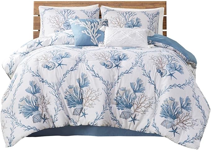 Cotton Comforter Set, Oversized Cover, Seashells, Corals, Starfish Print