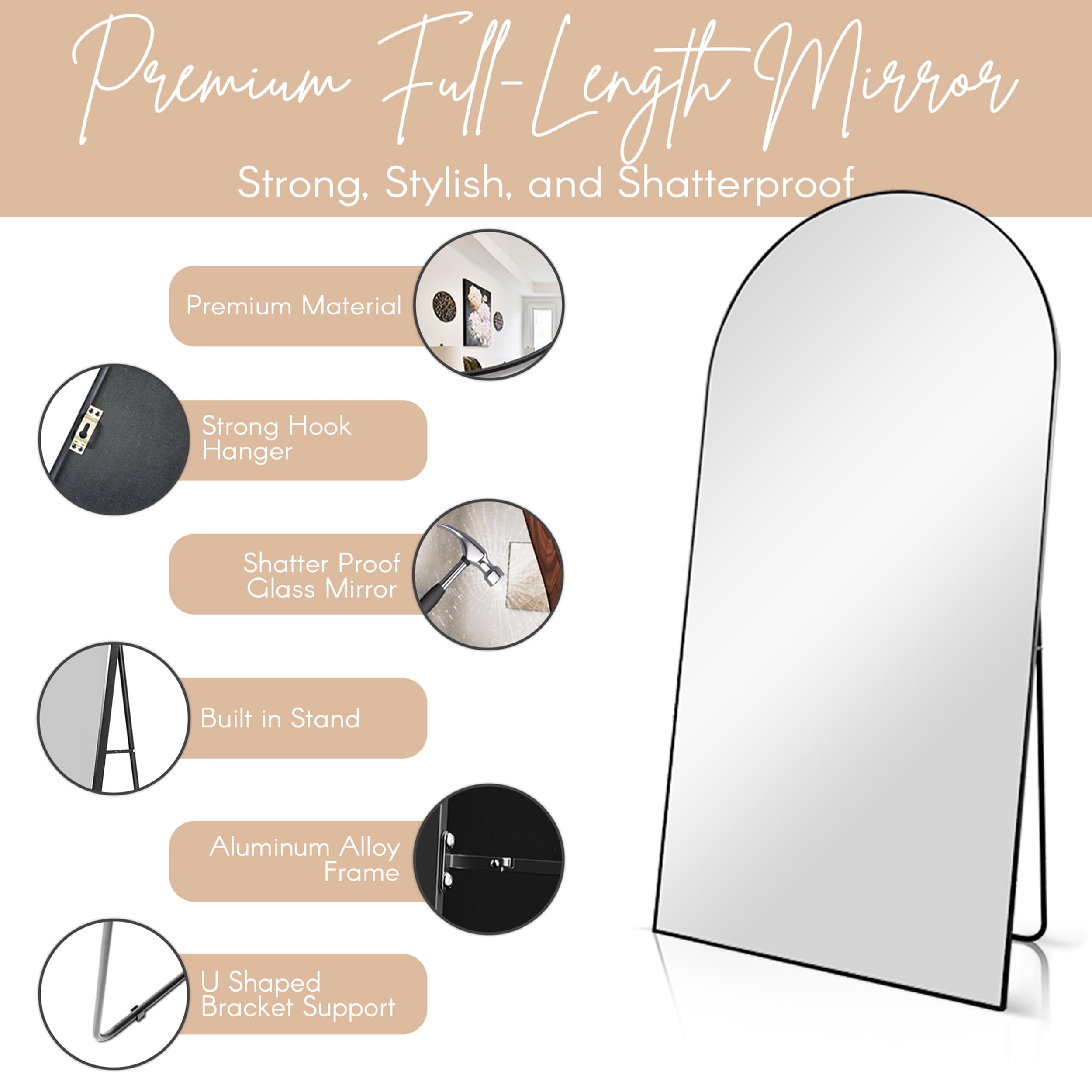 79x39 Arched Full Length Floor Mirror - Black Steel Frame