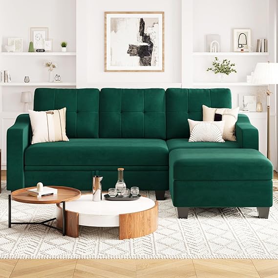 Velvet Sectional Couch with Storage, L Shaped Sofa with Chaise for Small Space, Blue