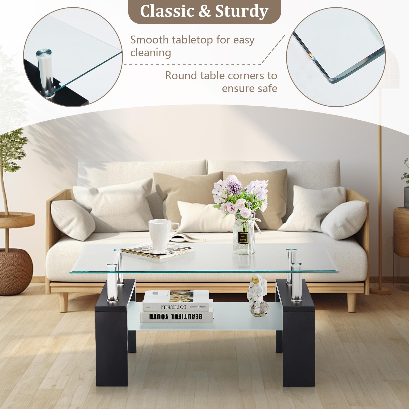 Modern Rectangle Coffee Table, Tempered Glass Center Table with Open Storage Shelf