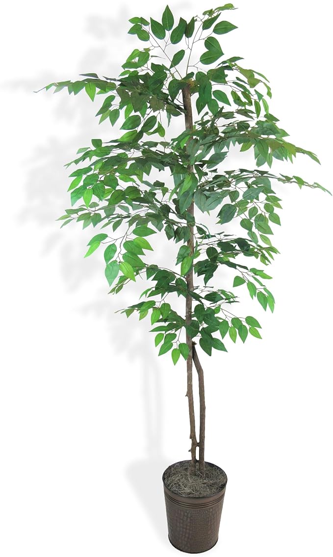 Artificial Ficus Tree with Real-Wood Trunk & Copper Metal Pot - Indoor and Outdoor Faux