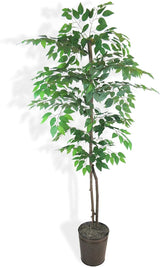 Artificial Ficus Tree with Real-Wood Trunk & Copper Metal Pot - Indoor and Outdoor Faux