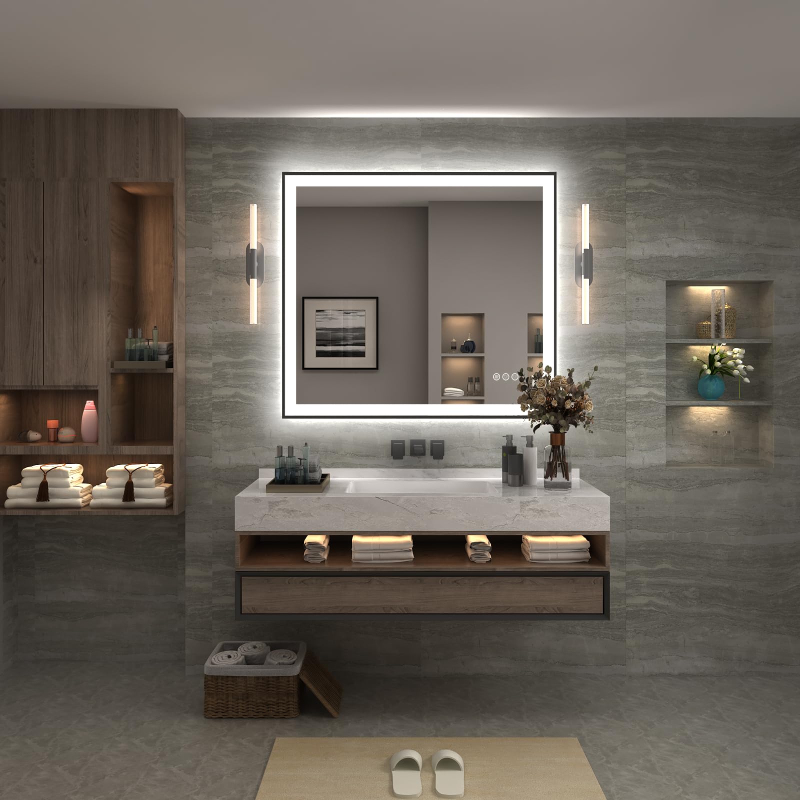 Bathroom Mirror, Dimmable Framed Vanity Mirror