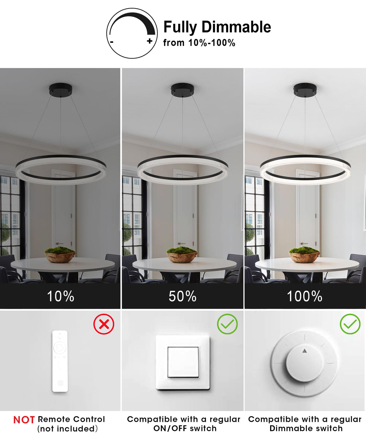 Modern Black Led Pendant Light,36W Dimmable LED Chandelier Lighting Fixture, 1 Ring