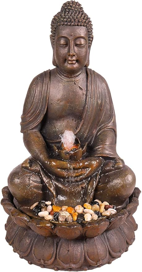 DIG370 31" Outdoor Zen Pagoda Water Fountain with LED Lights & Illuminated Stone Bowl