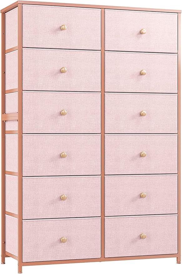 White Dresser, Dresser for Bedroom, Tall Dresser with 12 Large Drawers Fabric Dressers & Chests of Drawers for Bedroom, Entryway, Wooden top & Metal Frame