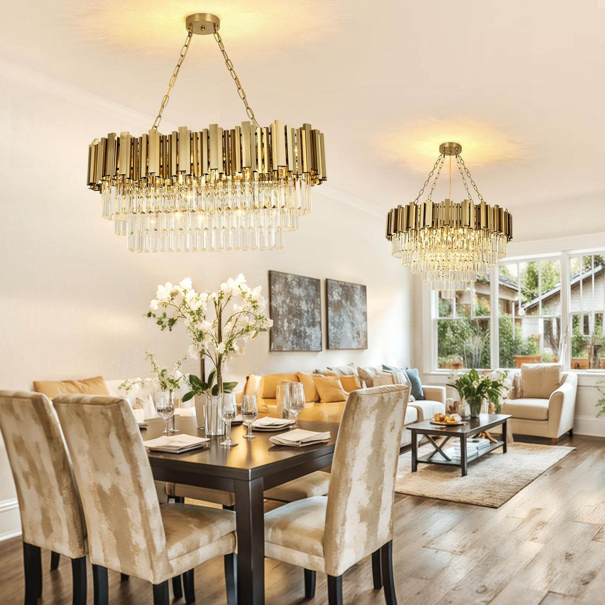 Crystal Chandelier Gold Pendant Light Fixtures, Oval Crystal Pendant Lighting for Living