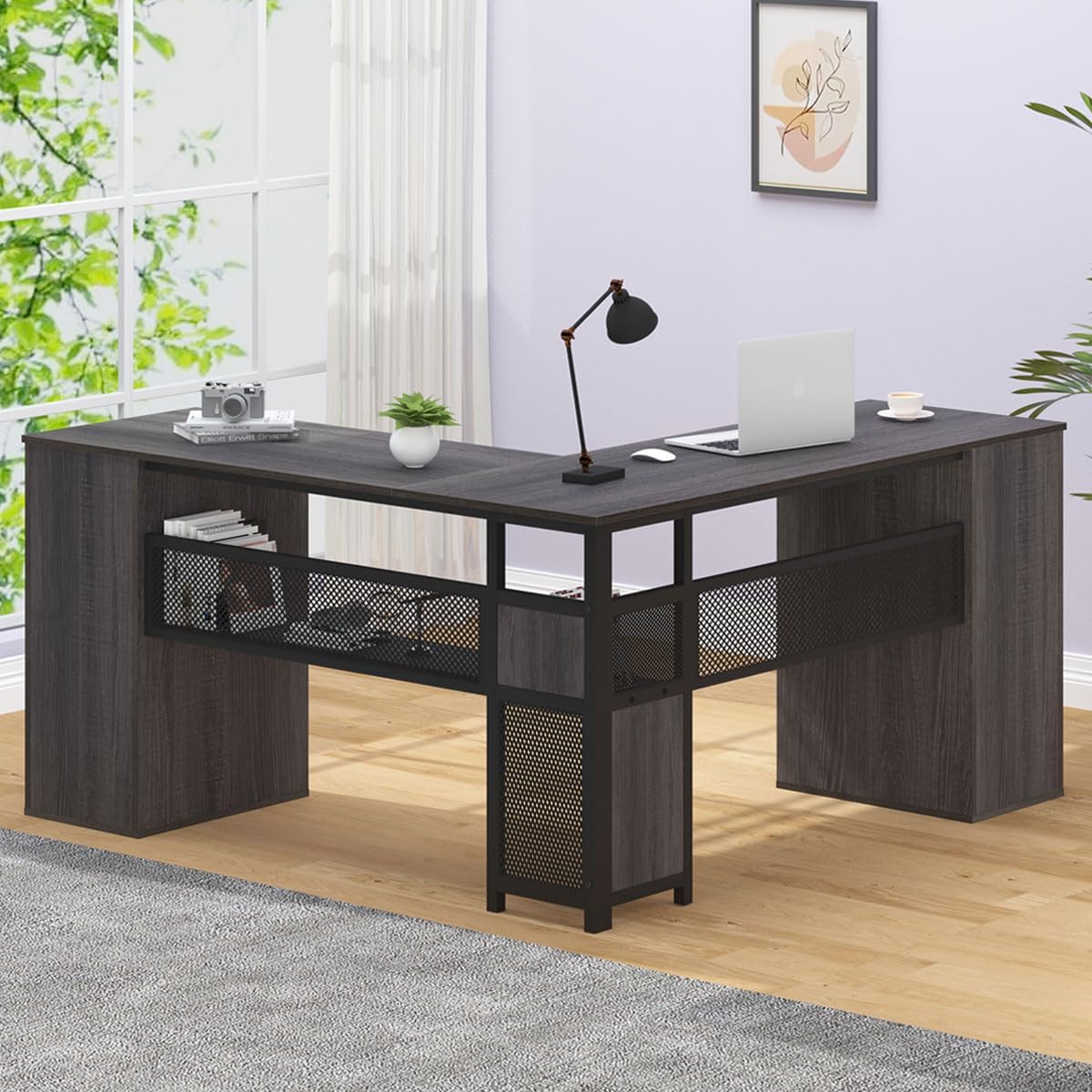 HSH L Shaped Corner Home Office Desk with Drawers, Large Computer Desk with Storage File Cabinet Shelves, Rustic Wood Metal Computer Table for Bedroom Executive Work Study Writing, Dark Gray, 59 Inch