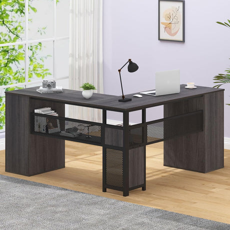 Shaped Corner Home Office Desk with Drawers, Large Computer Desk with Storage File Cabinet Shelves, Rustic Wood Metal Computer Table for Bedroom Executive Work Study Writing, Dark Gray, 59 Inch