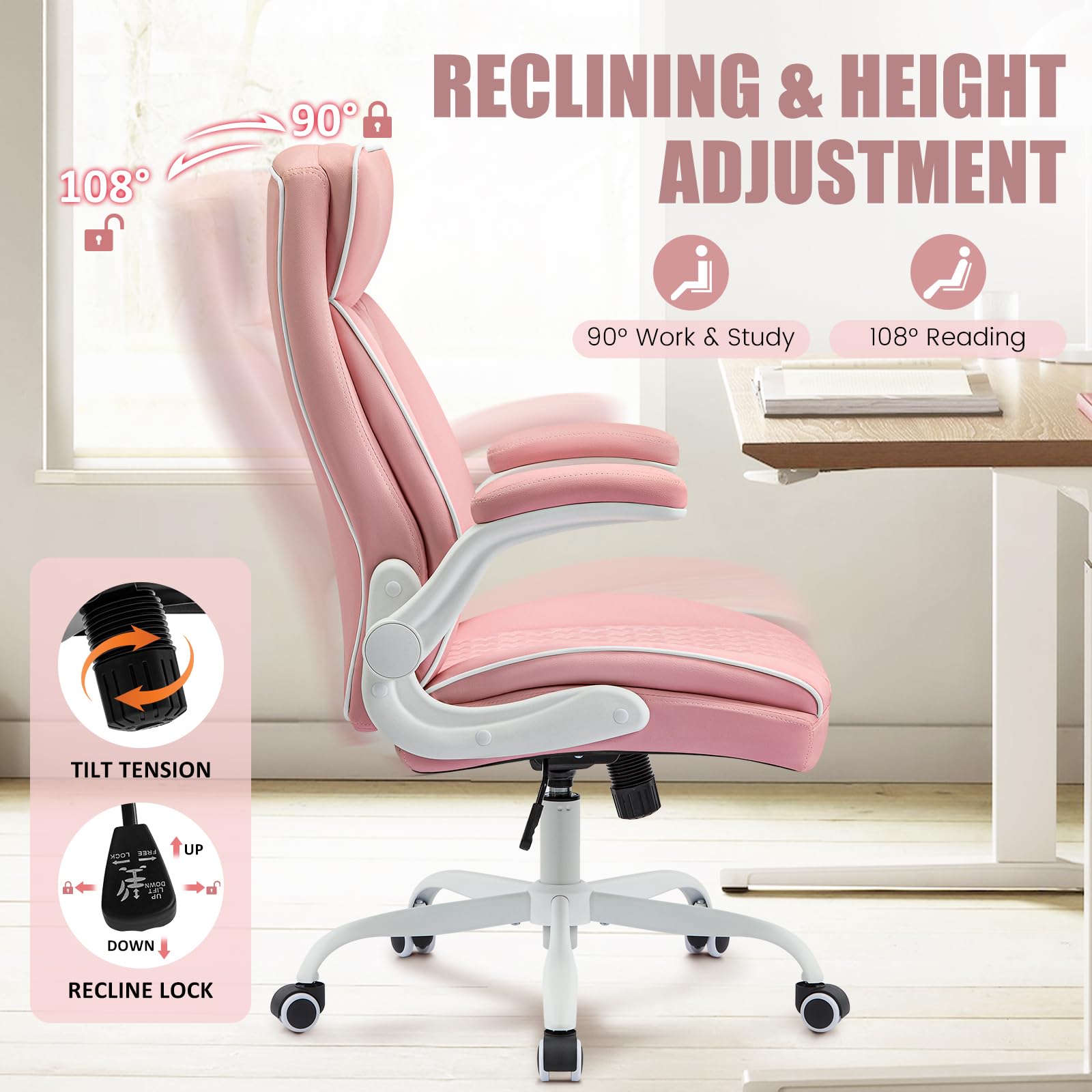 Pink Leather Office Chair with Lumbar Support & Flip-Up Armrests