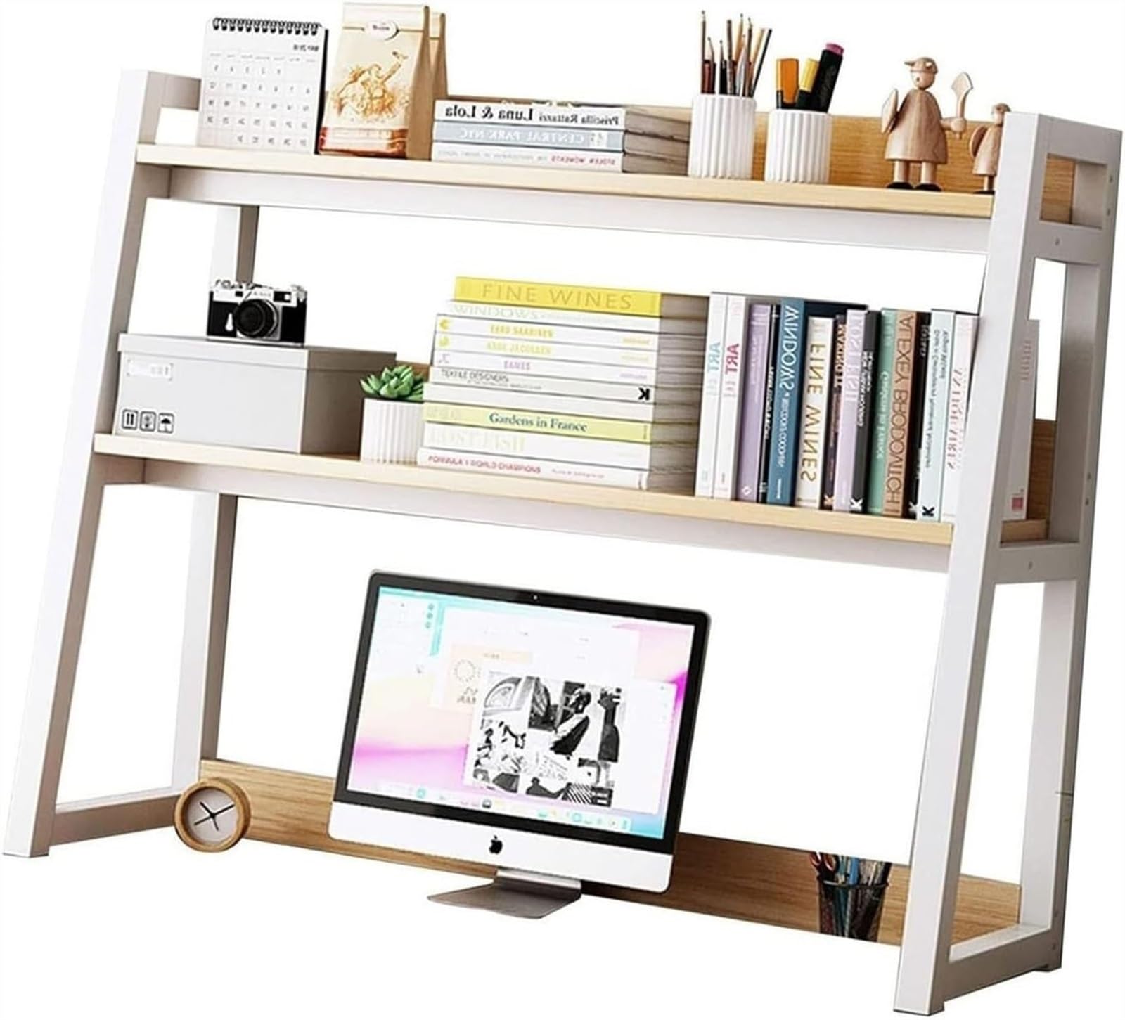 2-Tier Desktop Bookshelf Steel Frame Ladder Storage Rack, Desk Bookshelf