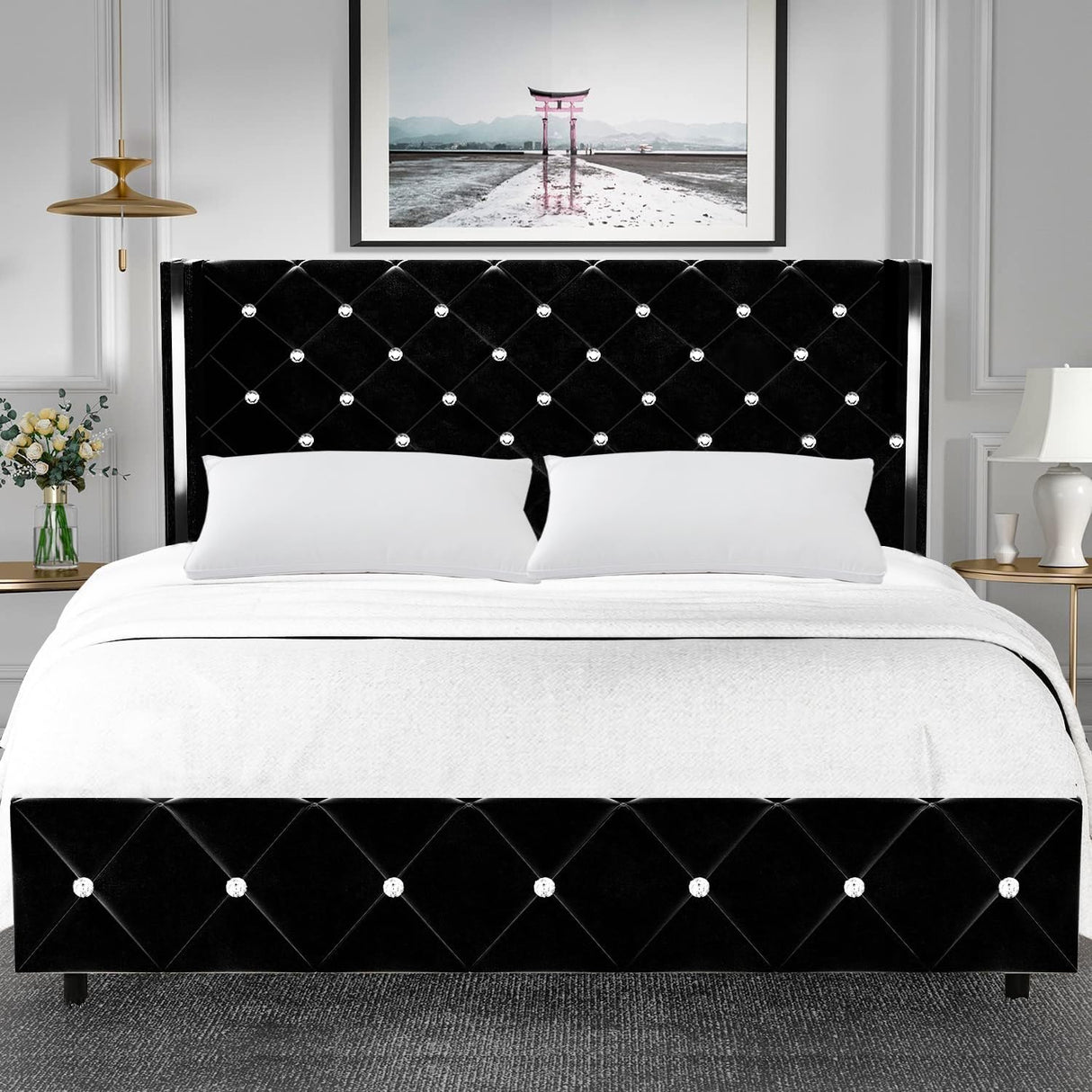 Full Size Bed Frame, Upholstered Bed Frame with Diamond Headboard,