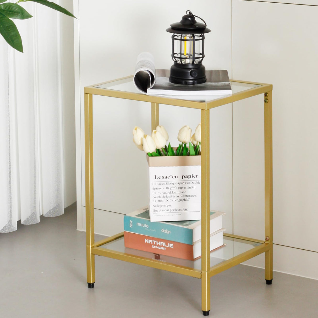 2-Tier End Table with Tempered Glass, Gold Metal Side Tables Sofa Side Table