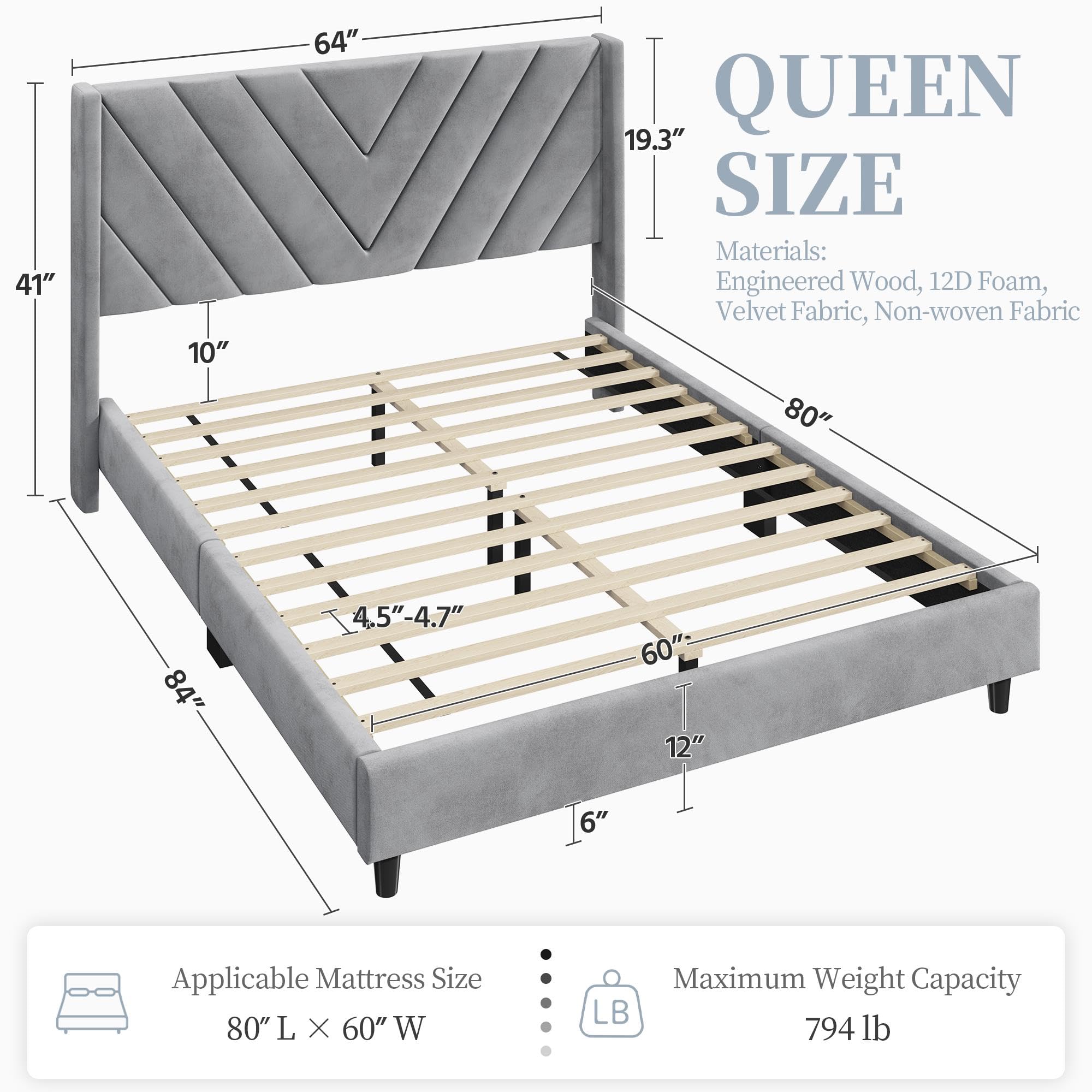 Queen Bed Frame Upholstered Platform Bed with Wing Side/Wooden Slat Support/Tufted