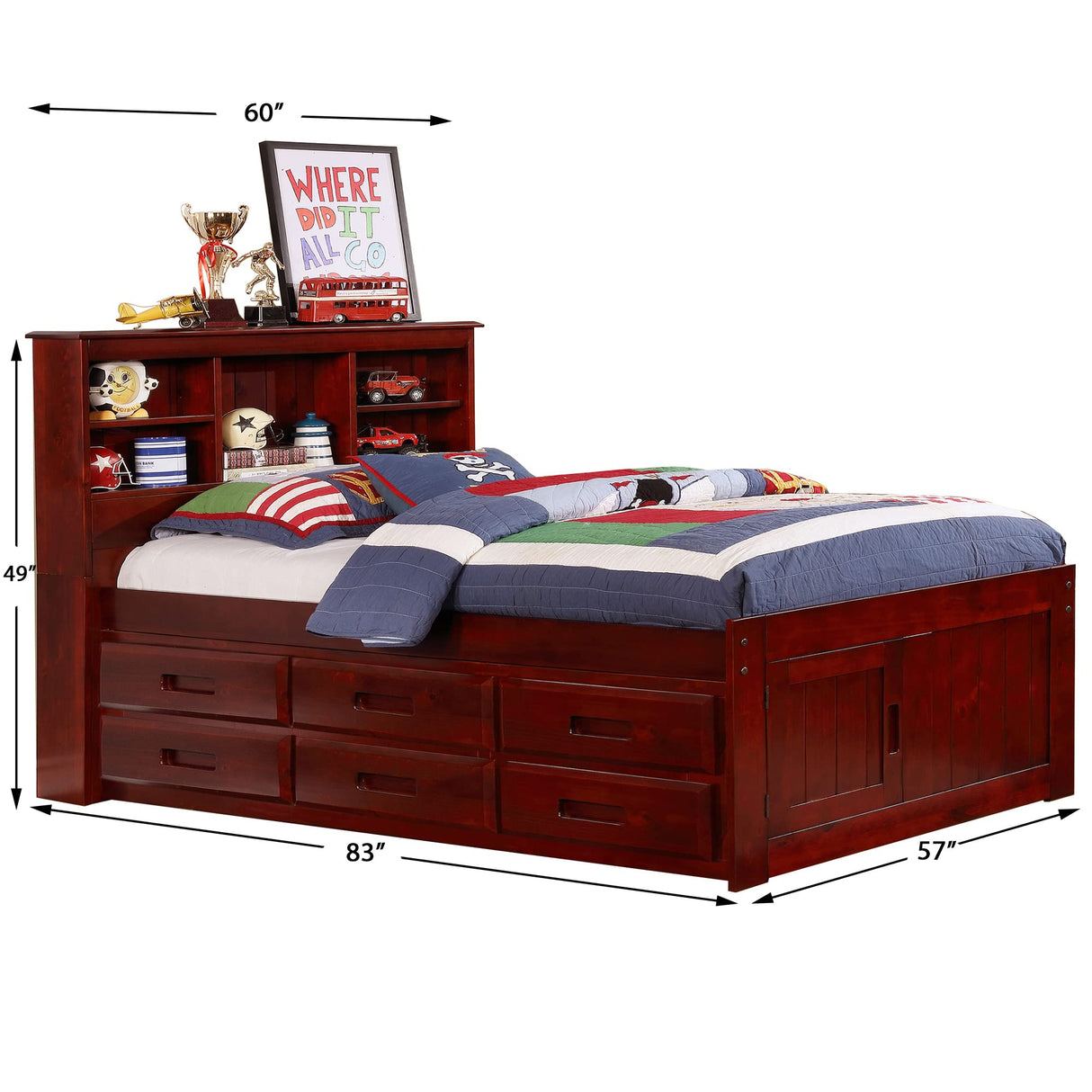 Model 82821K6-22 Solid Pine Full Captains Bookcase Bed with 6 Drawers in Rich Merlot