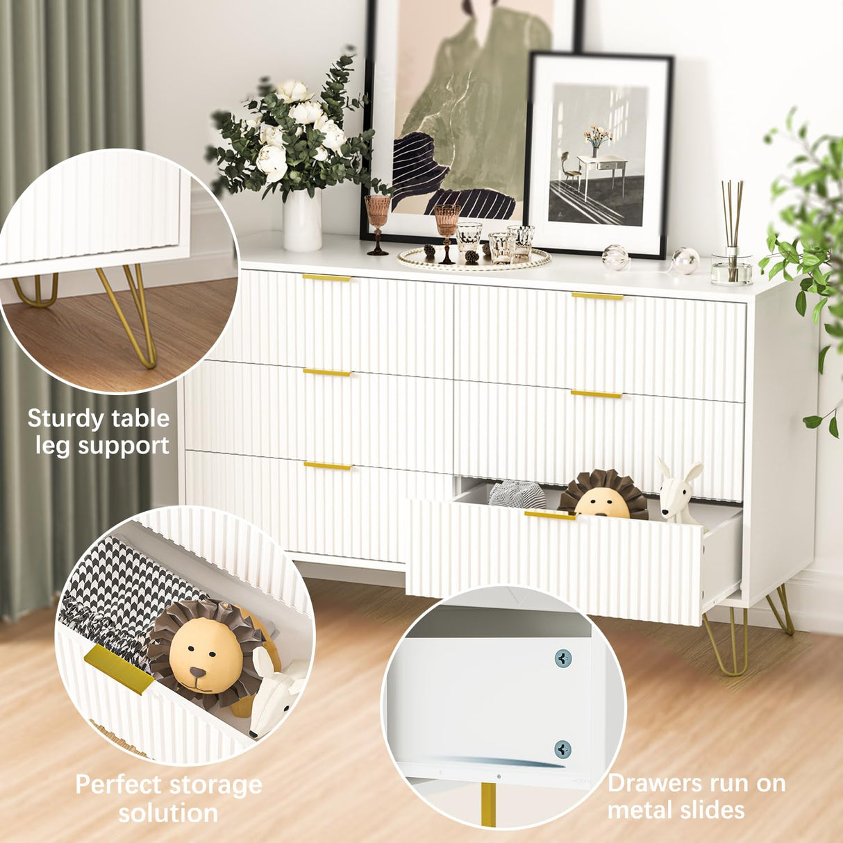 White Dresser, Modern 6-Drawer Dresser for Bedroom with Gold Handles