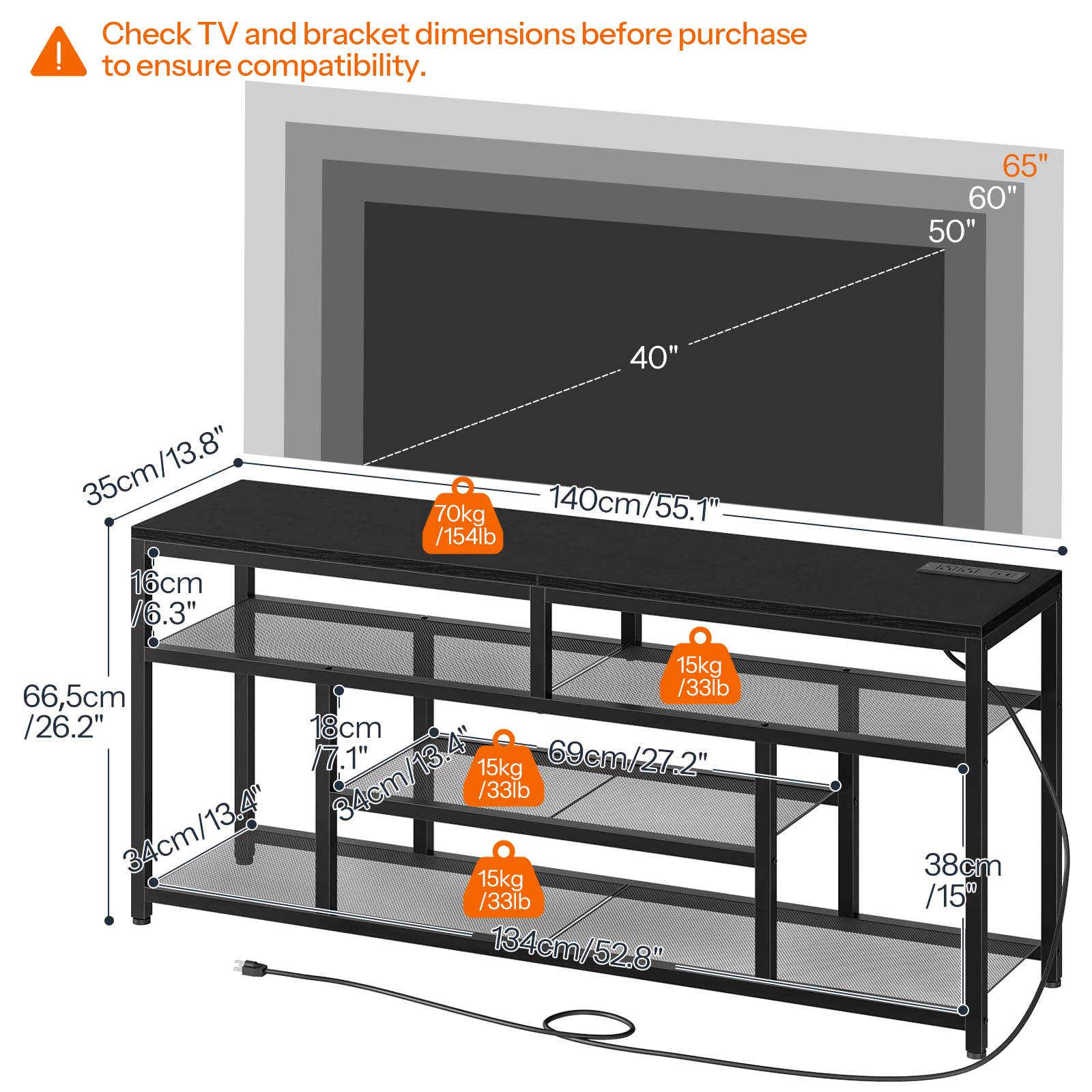 LED TV Stand with Charging Station - 4-Tier Entertainment Center for 65" TVs