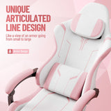 Ergonomic Gaming Chair with Massage Lumbar and Footrest - Pink & White