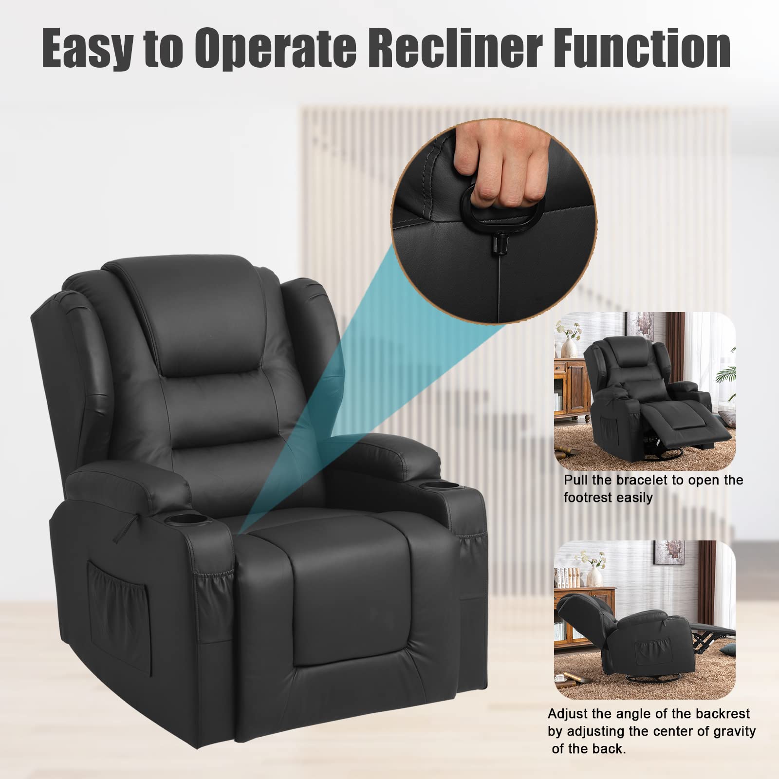 Swivel Rocker Recliner Nursery Rocking Chairs 360 Degree, Manual Glider Recliner Chairs for Living Room,Upholstered Swivel Single Sofa Seat with Cup Holders, Side Pockets, Pillow, Leather