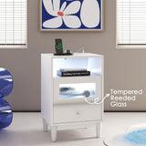 White Nightstand with Charging Station, End Table with Glass Drawers, Night Stand