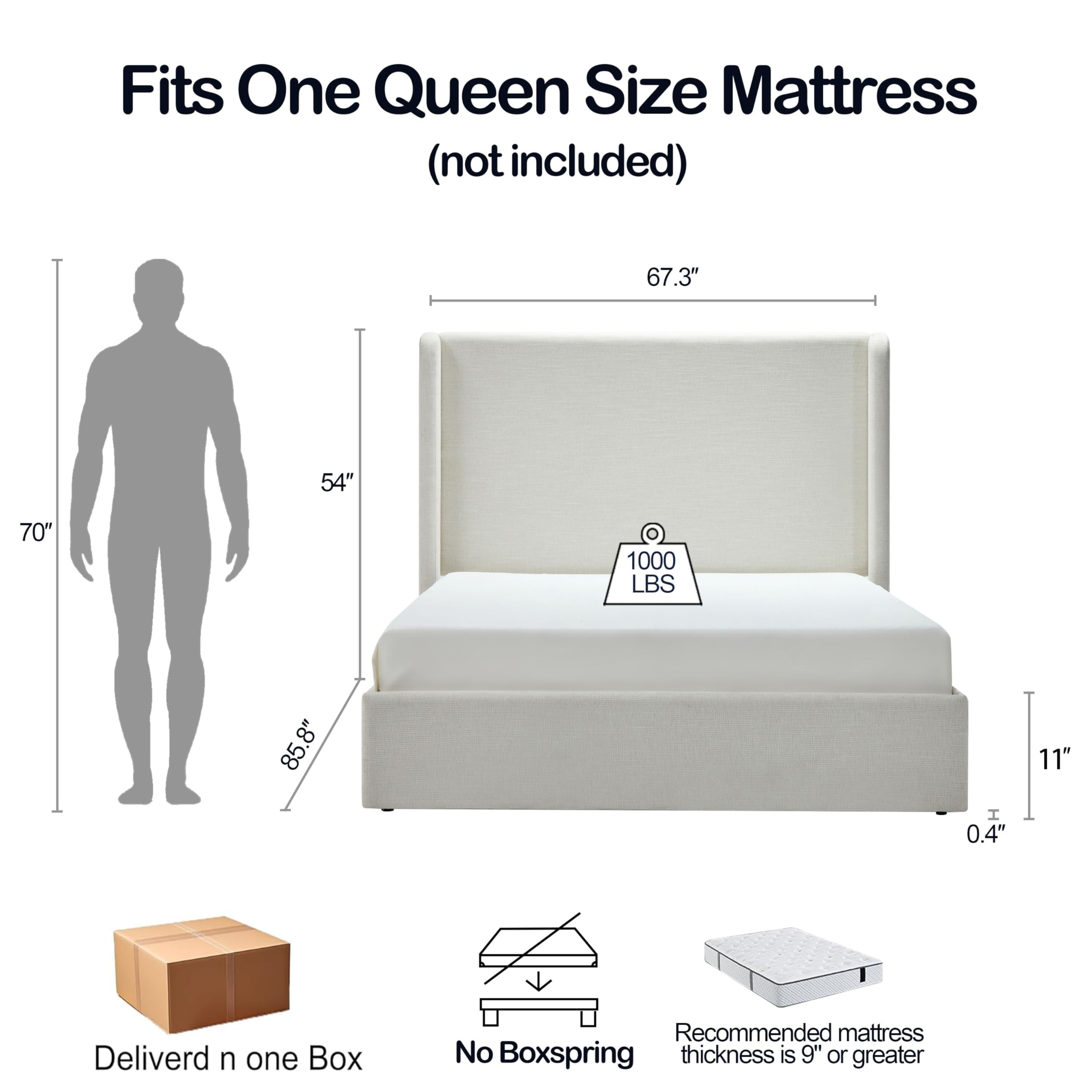 54" Wingback Queen Bed Frame - Upholstered Platform Bed with Tall Headboard