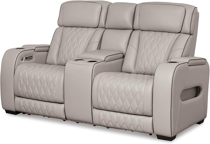 Warnerton Faux Leather Power Reclining Sofa with Adjustable Headrest, Brown