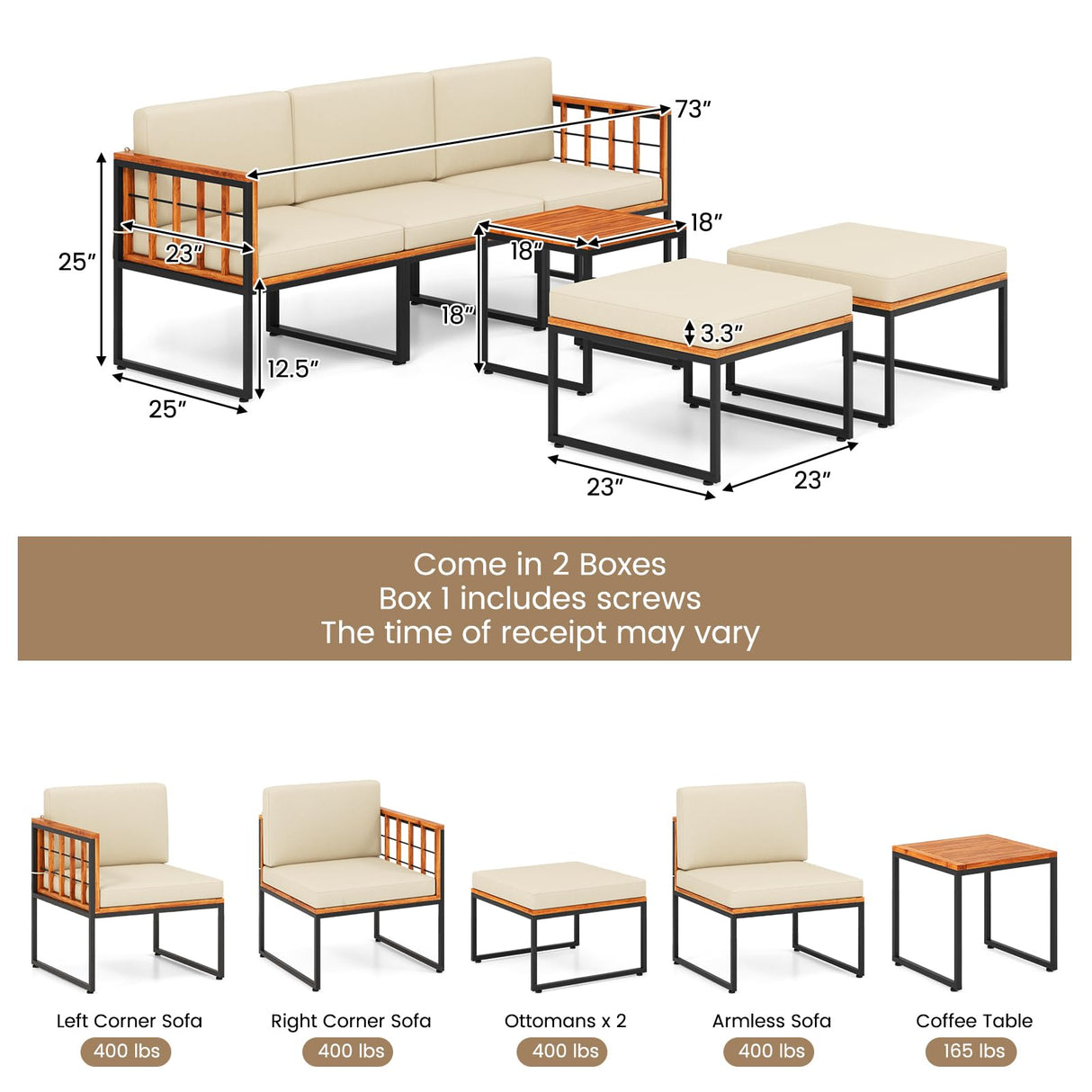 6 Piece Patio Conversation Sofa Set, Acacia Wood Chair Set