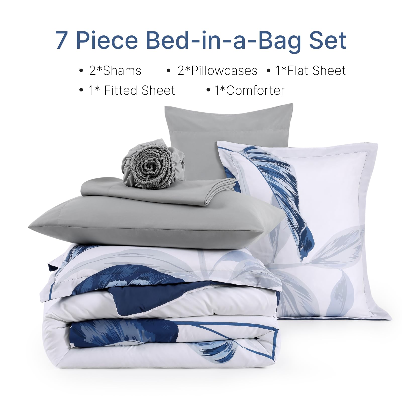 Queen Comforter Set - 7 Piece Blue Tropical Leaves Bedding Collection