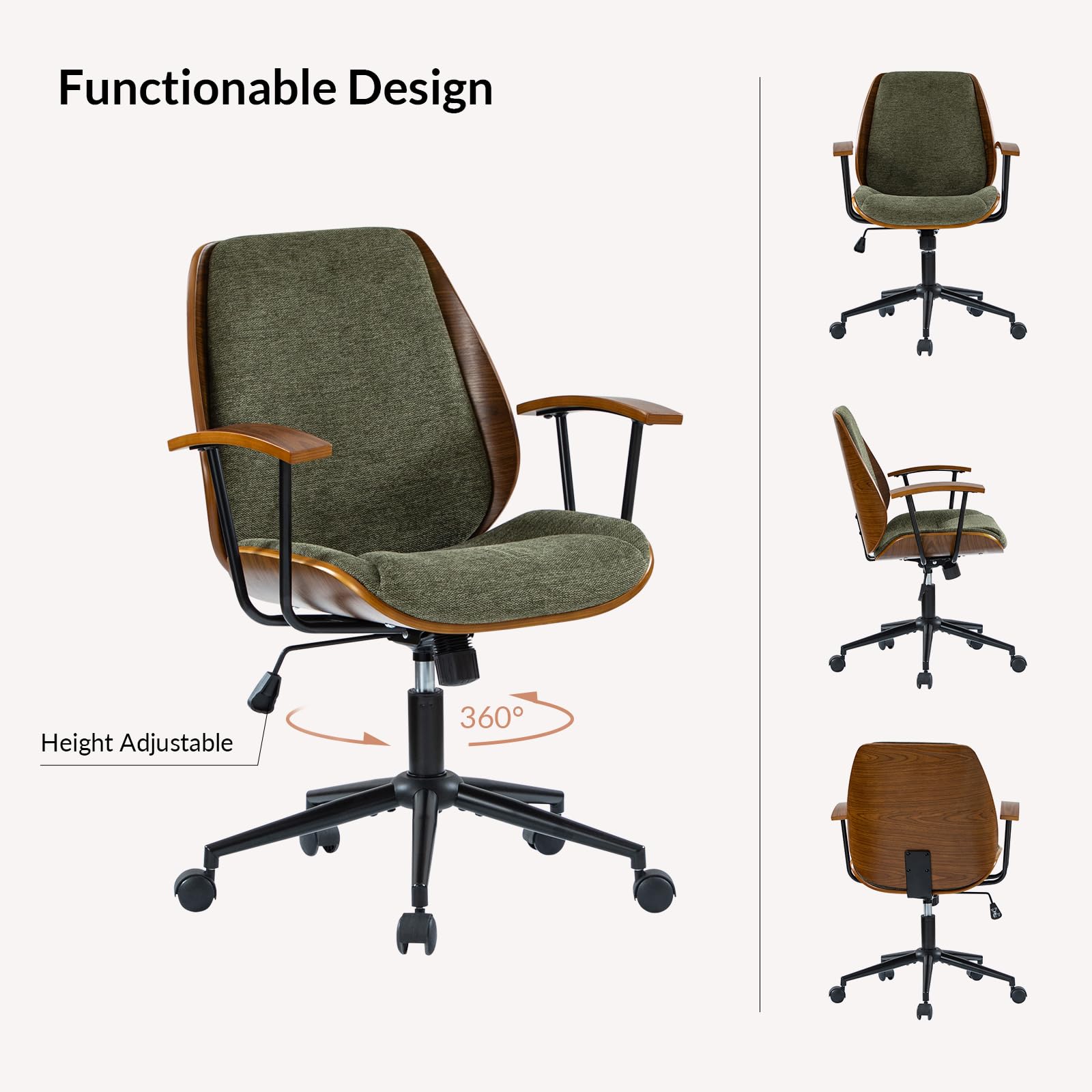 Modern Bentwood Office Chair - Ergonomic Swivel Desk Chair with Adjustable Height
