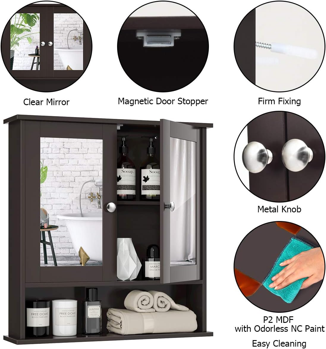 Bathroom Cabinet Wall Mounted with Double Mirror Doors, Wood Hanging Cabinet with Doors and Shelves,