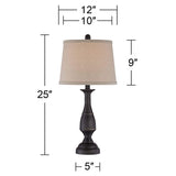 Regency Hill Ben Farmhouse Traditional Table Lamps 25" High Full Size Set of 2 Dark Bronze Brown Metal Beige Linen Drum Shade Decor for Living Room Bedroom House Bedside Nightstand Home Office