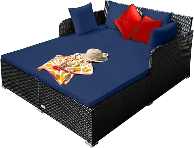 Rattan Patio Outdoor Daybed, Wicker 2-Person Sunbed Loveseat with Soft Cushions