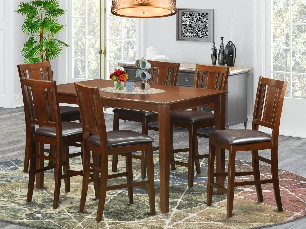 East West Furniture Dudley 7 Piece Counter Height Set Consist of a Rectangle Wooden Table and 6 Faux Leather Kitchen Dining Chairs, 36x60 Inch, Mahogany