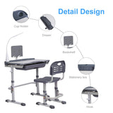 SMAGREHO Kids' Desk and Chair Set, Height Adjustable Child's School Study Writing Tables with Tilt Desktop, LED Light, Storage Drawer, Book Stand(Grey)