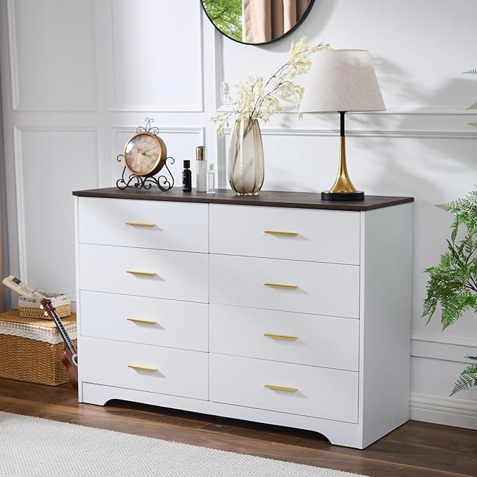 White Dresser for Bedroom Wooden, 5 Drawer Dressers & Chests of Drawers, Modern Wood Tall Dresser, 47 Inches Tall Chest of Drawers for Bedroom, Hallway, Living Room