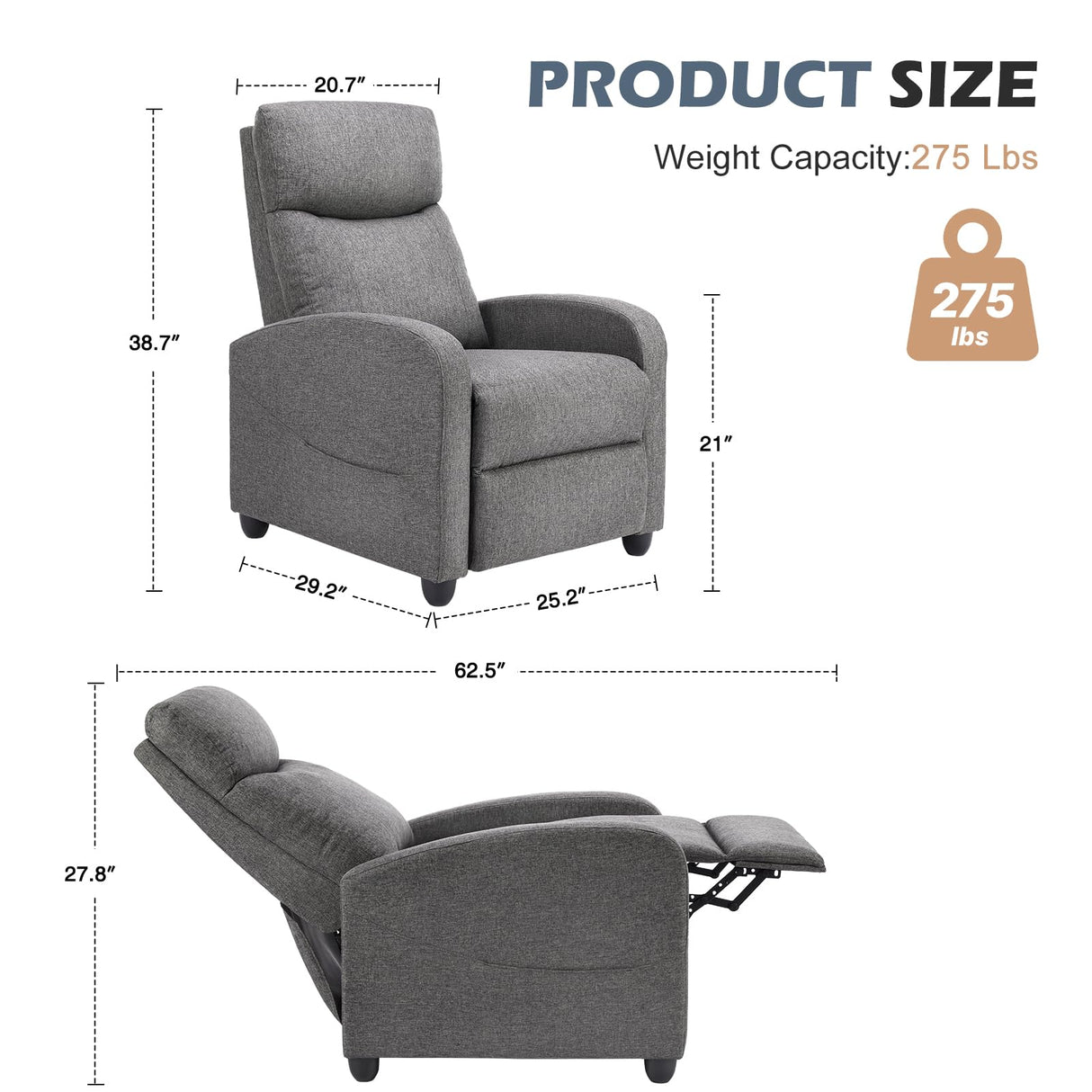 Recliner Chair for Adults, Massage Fabric Small Recliner Home Theater Seating