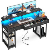 48 inch Computer Desk with 3 Drawers, Gaming Desk with LED Lights & Power Outlets