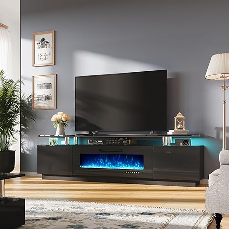 Fireplace TV Stand with 40" Fireplace, 80" Modern High Gloss Fireplace Entertainment